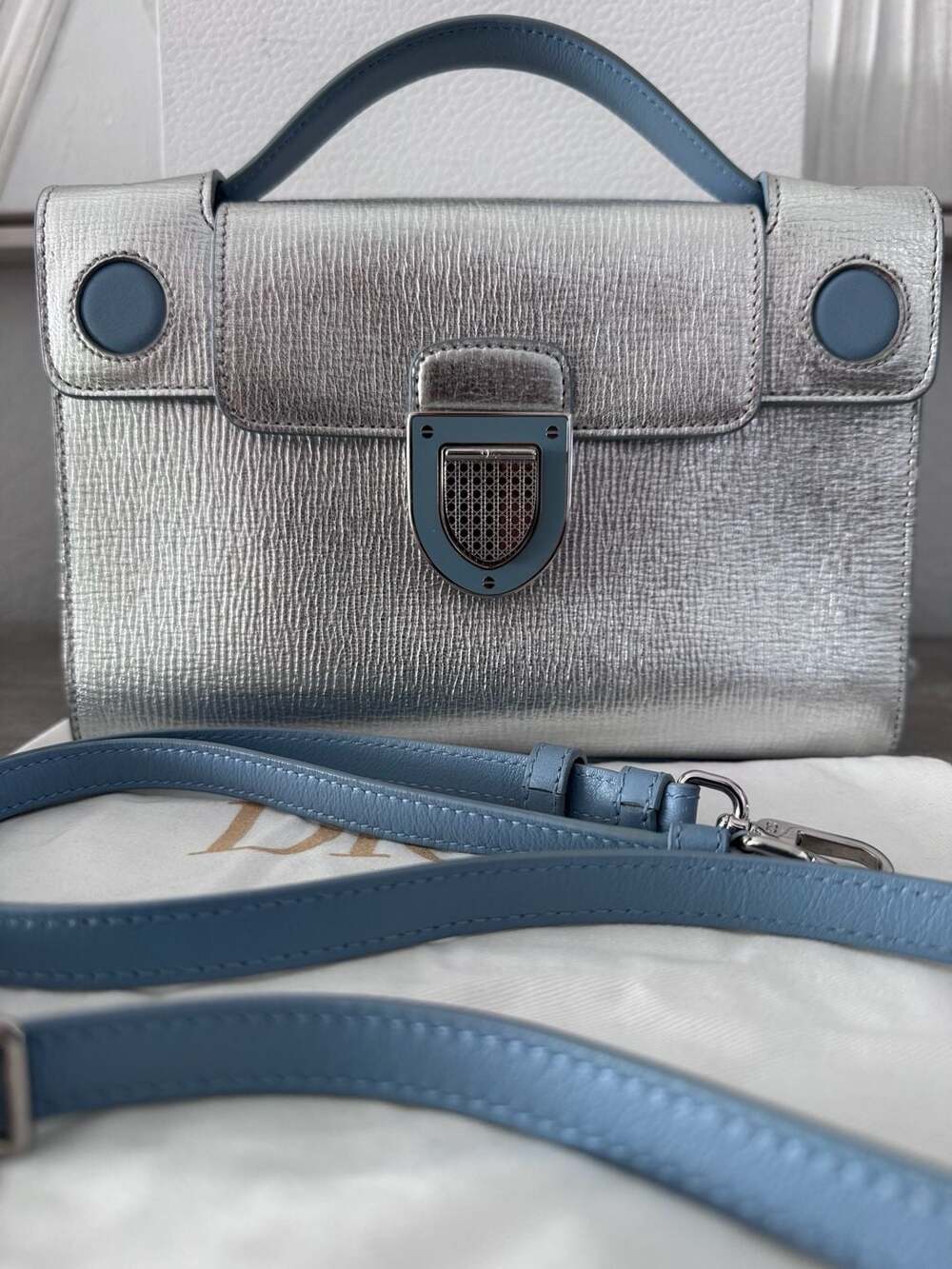 Christian Dior Metallic Silver and Light Blue Calfskin Diorever Top Handle Bag w